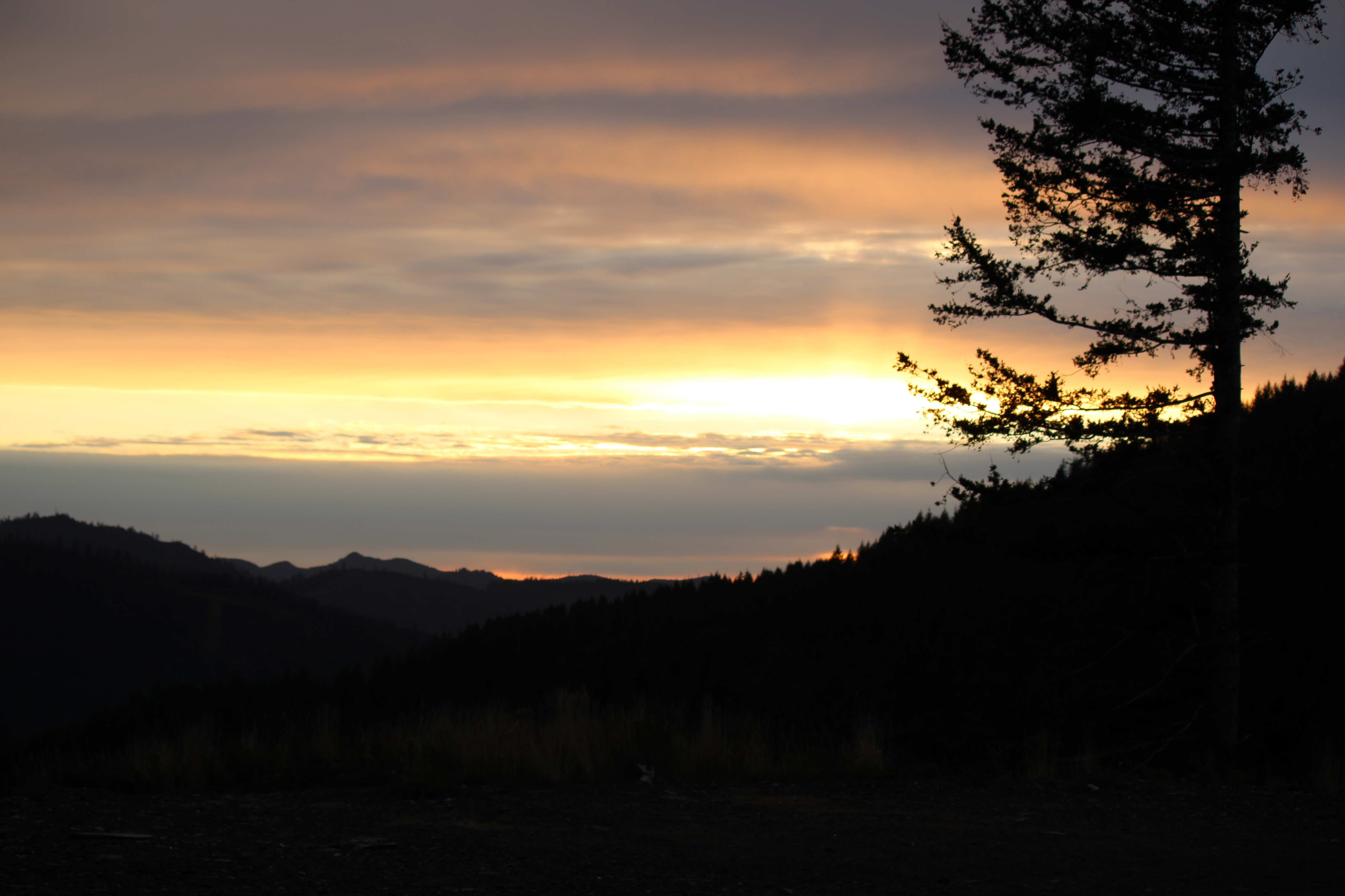 Orange and pink sunset over top of the mountain in the coast range of Oregon.